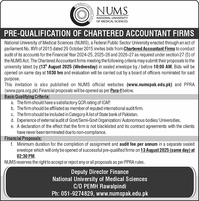 National University of Medical Sciences Rawalpindi Tender Notice